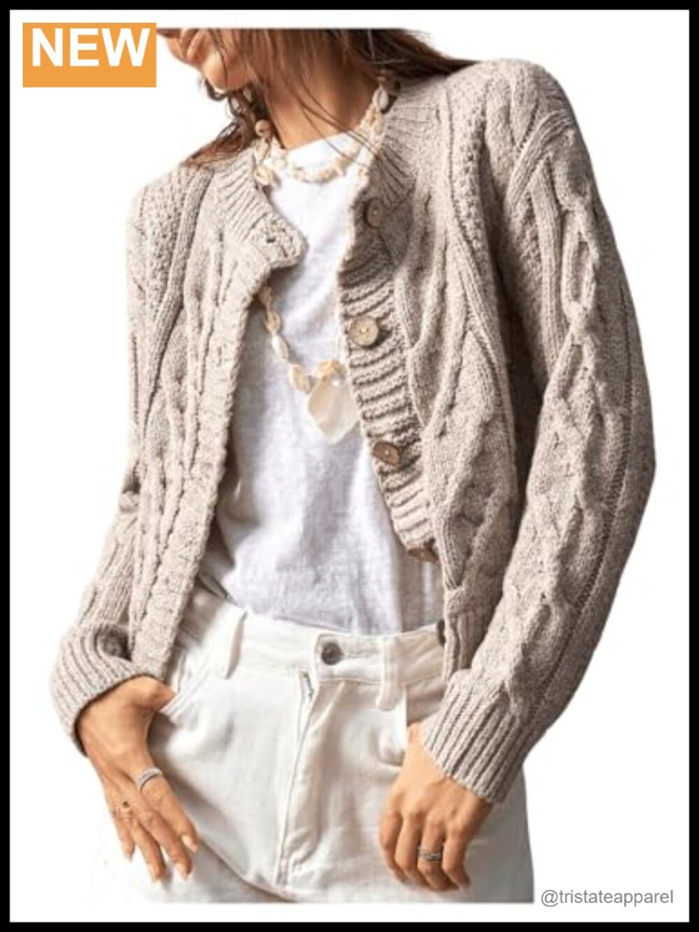 Womens Cable Knit Button Up Cardigan Long Sleeve Crewneck Crop Sweater